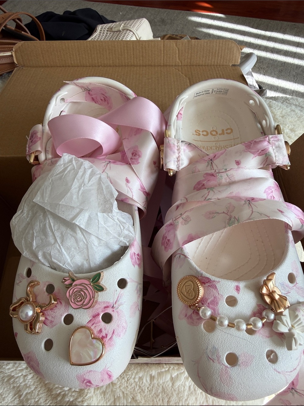 White Floral Crocs x loveshack fancy with Pink Ribbon Straps size 5 new sold out